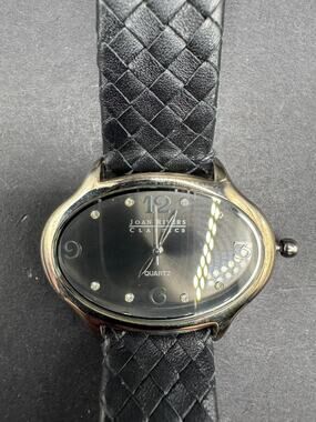 Vintage Joan Rivers Black Woven Leather Band Silver Oval Face Watch